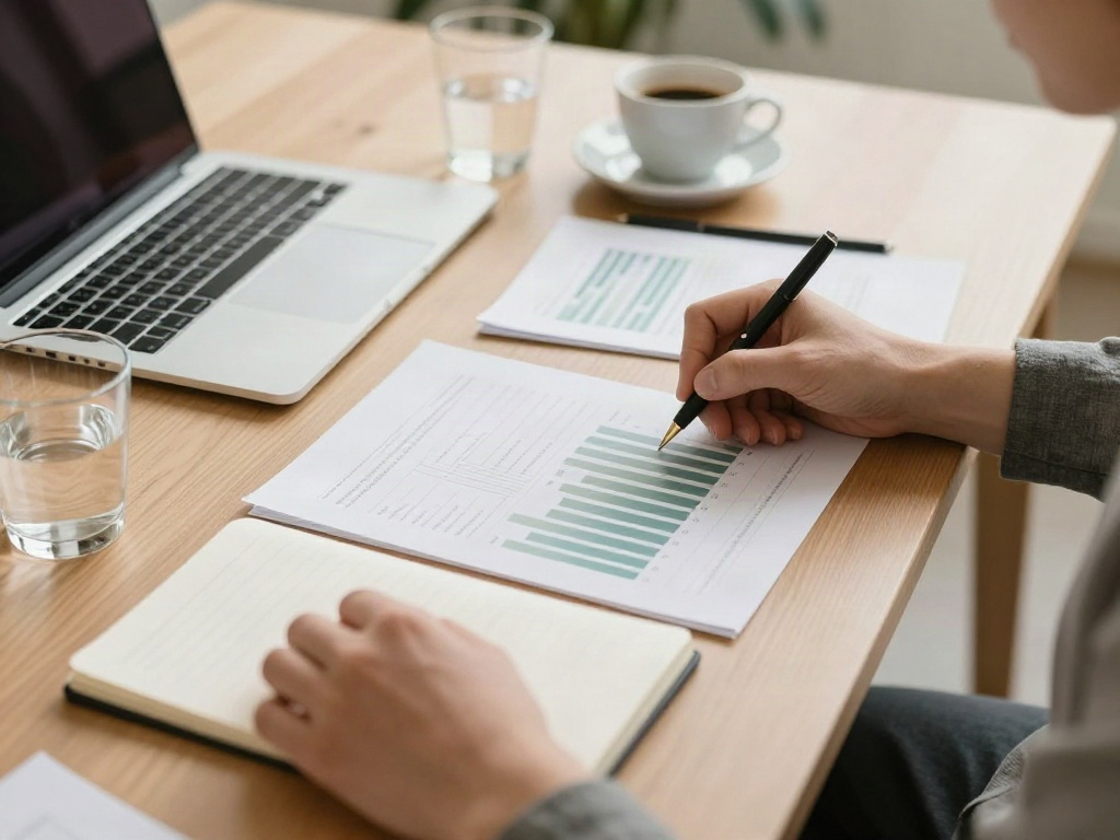 A business review workspace with printed analytics, a notebook, and a laptop on an oak table
